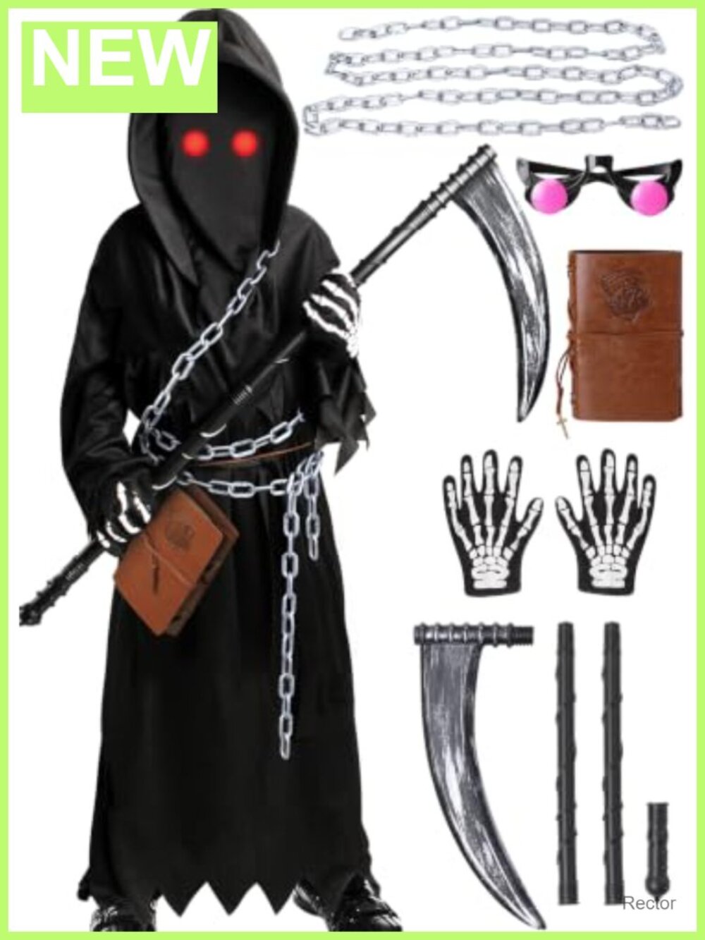 Kids Grim Reaper Halloween Costume 7 Piece Set Scythe Mask Gloves